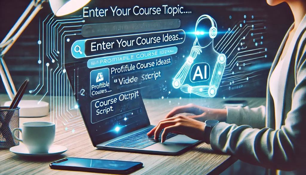 Person generating course ideas using an AI platform, with suggestions for topics, outlines, and video scripts displayed on the screen.