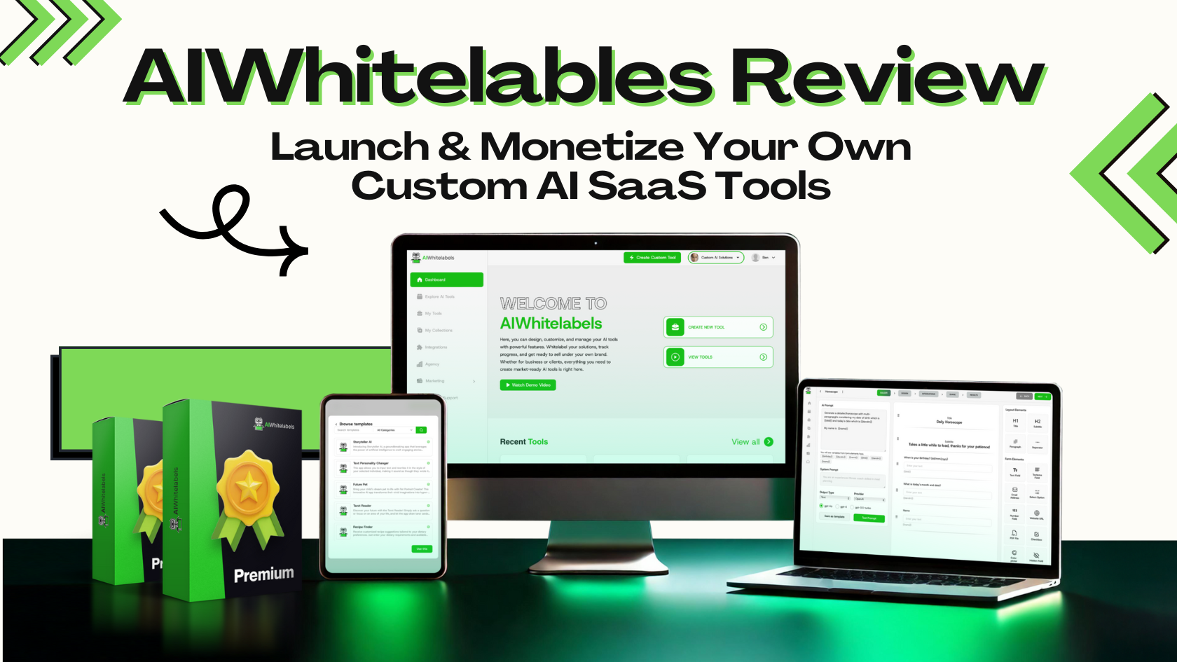 AIWhitelables review: dashboard demonstrating custom AI SaaS tool creation and branding.